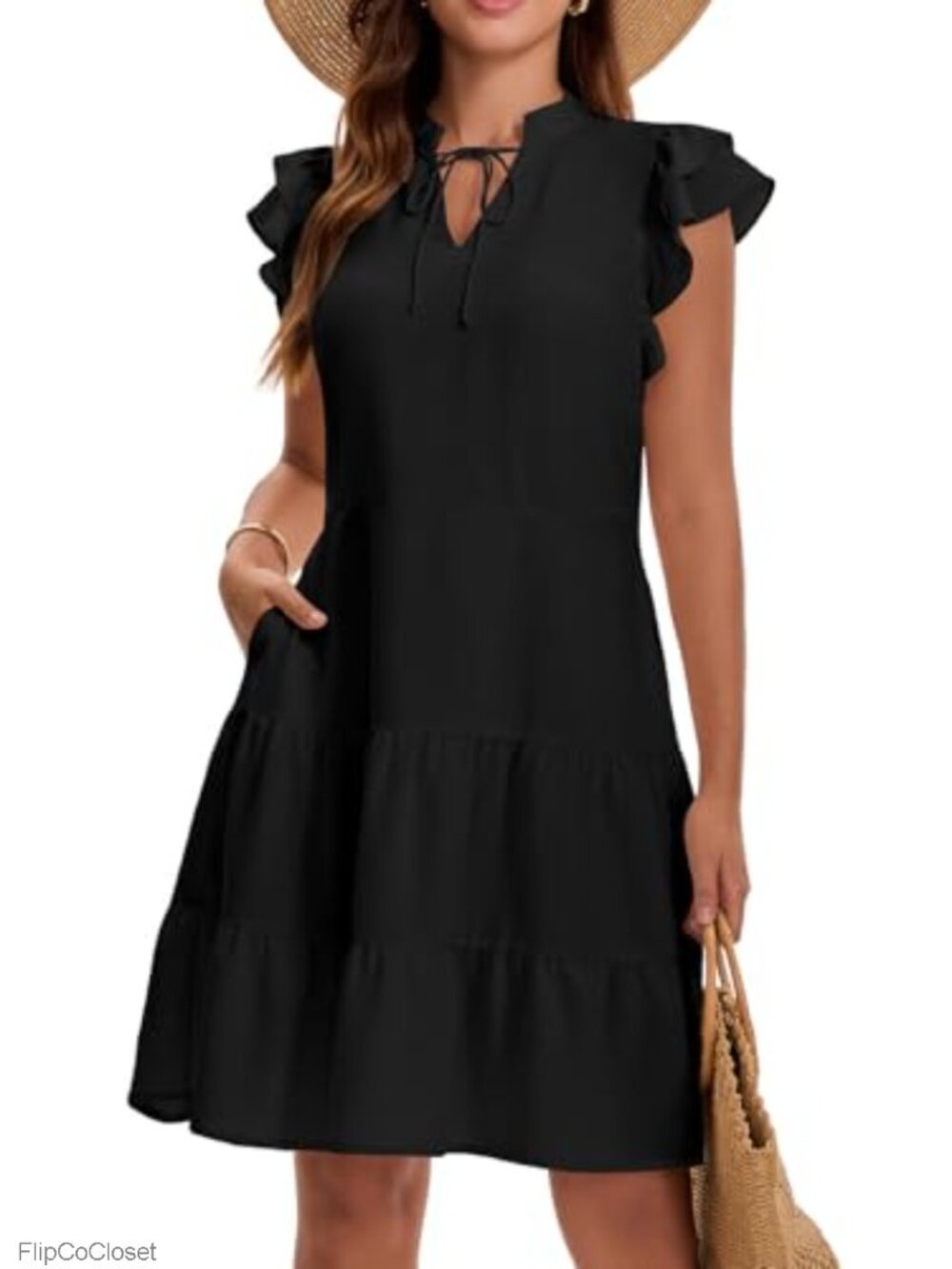 Ruffle Cap Sleeve V-Neck A-Line Mini Dress with Pockets